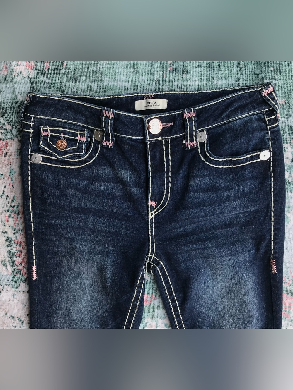 True Religion Women's Dark Blue Boot Cut Jeans with Pink Accent Stitching - Picture 5 of 11